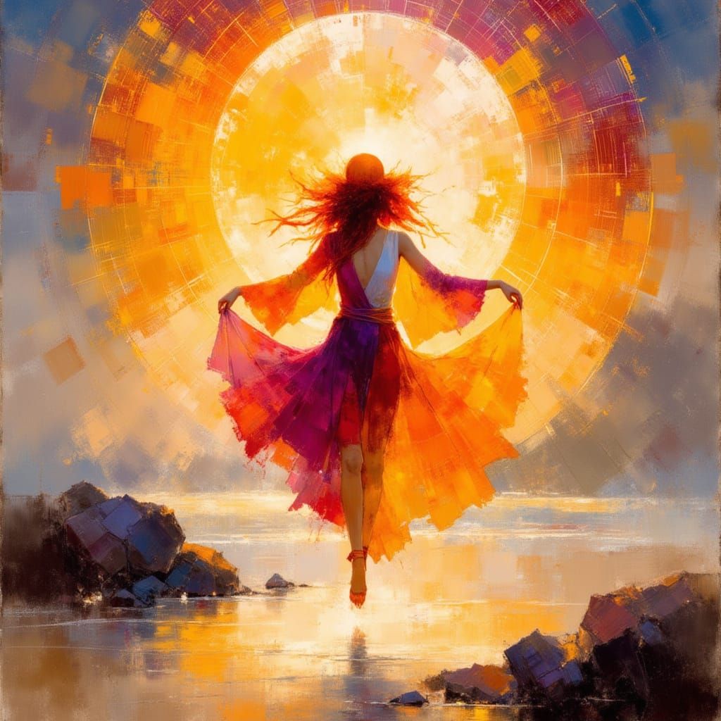 Goddess Levitates on Beach at Sunset in Surreal Style