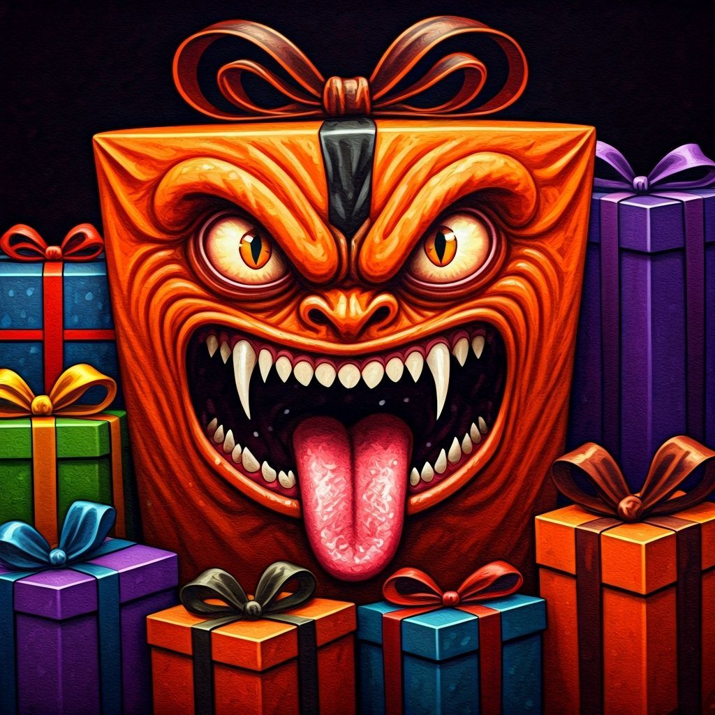 Angry Gift with Fangs and Tongue in Watercolor Style