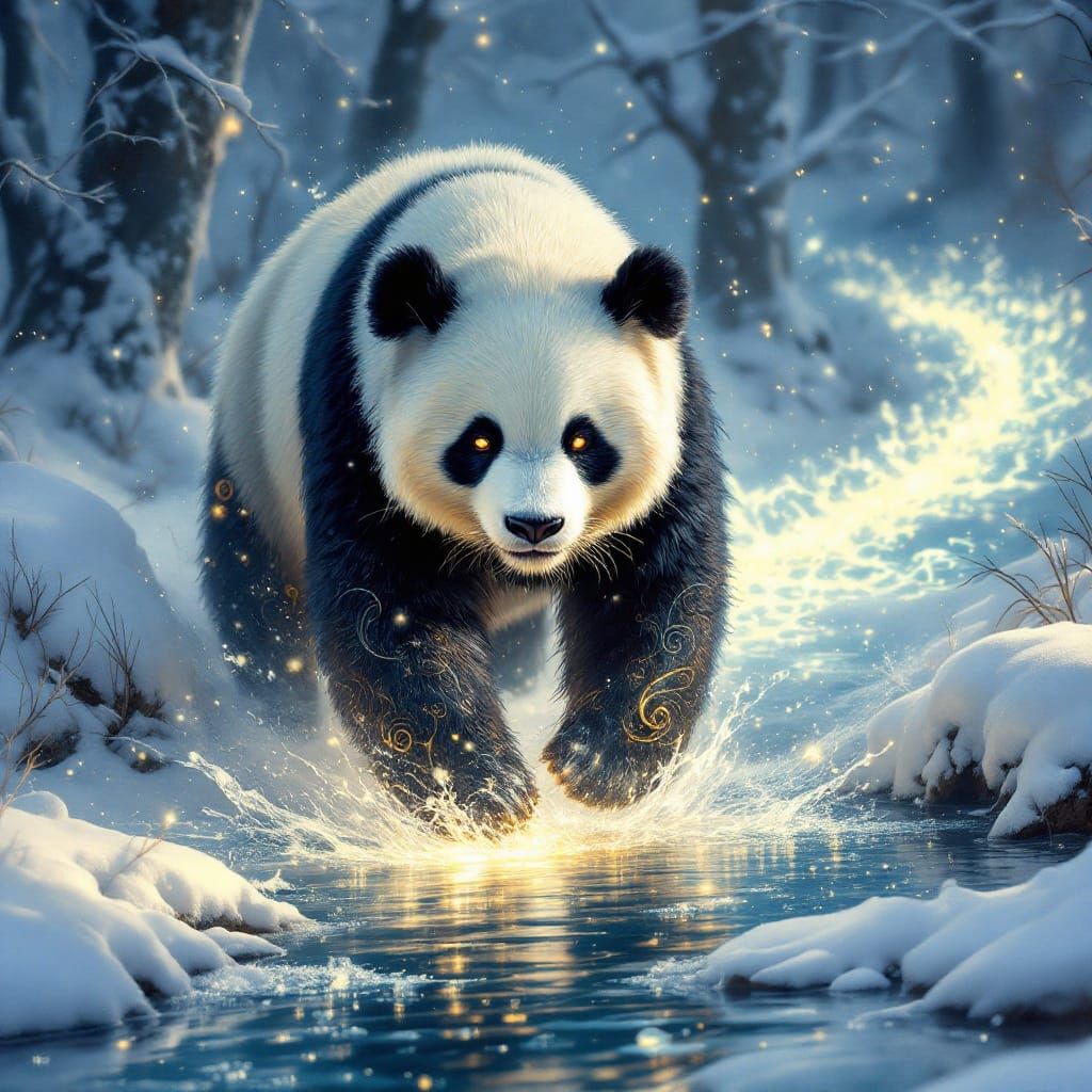 Luminous Panda Amidst Winter's Crystalline Stream