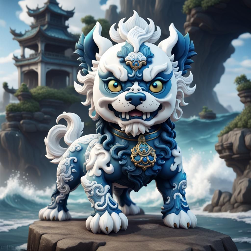 Vibrant Chibi Foo Dog Stands on Wavy Ocean in Stunning 8K Ar...