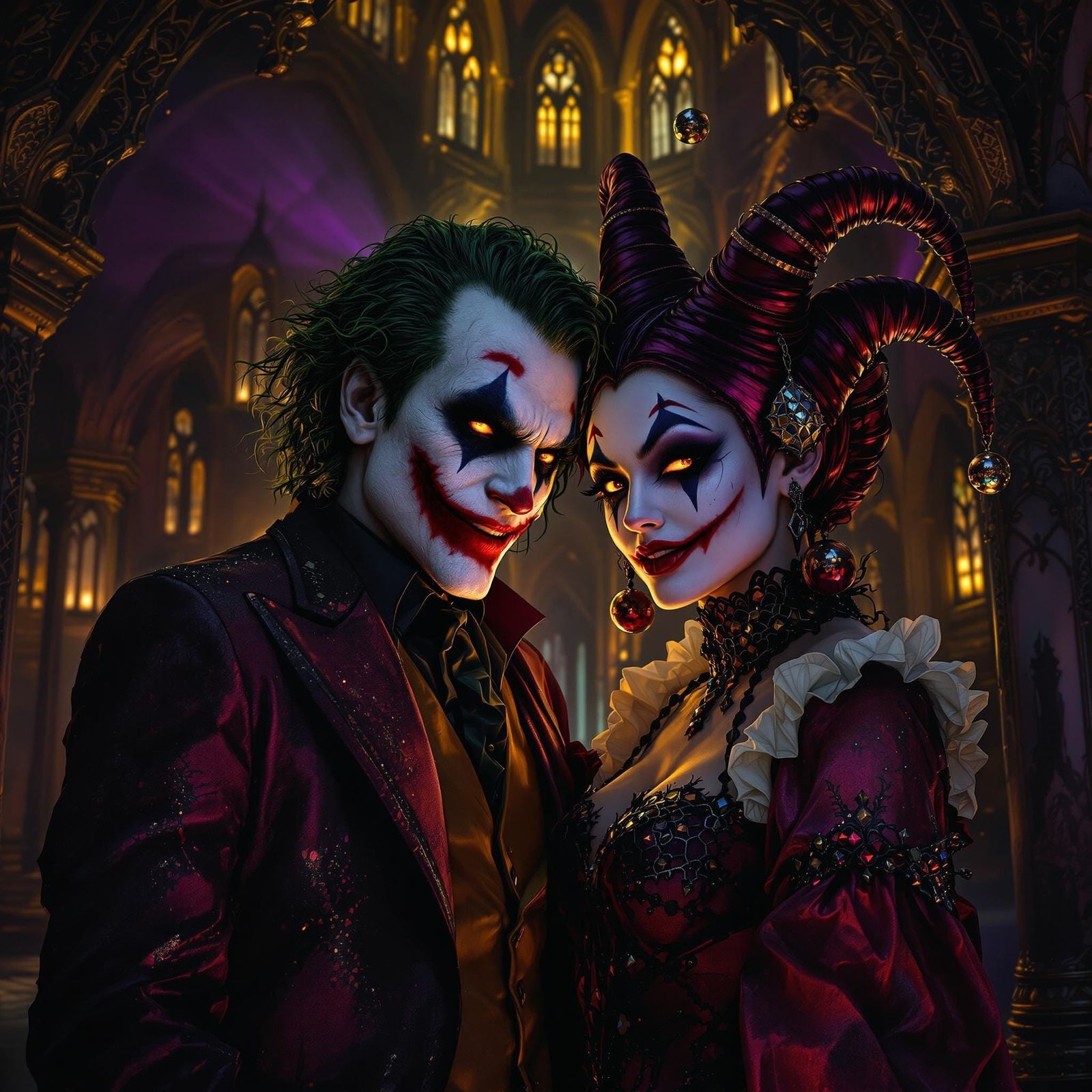 The Joker and Harlequin in a Dark, Gothic Realm