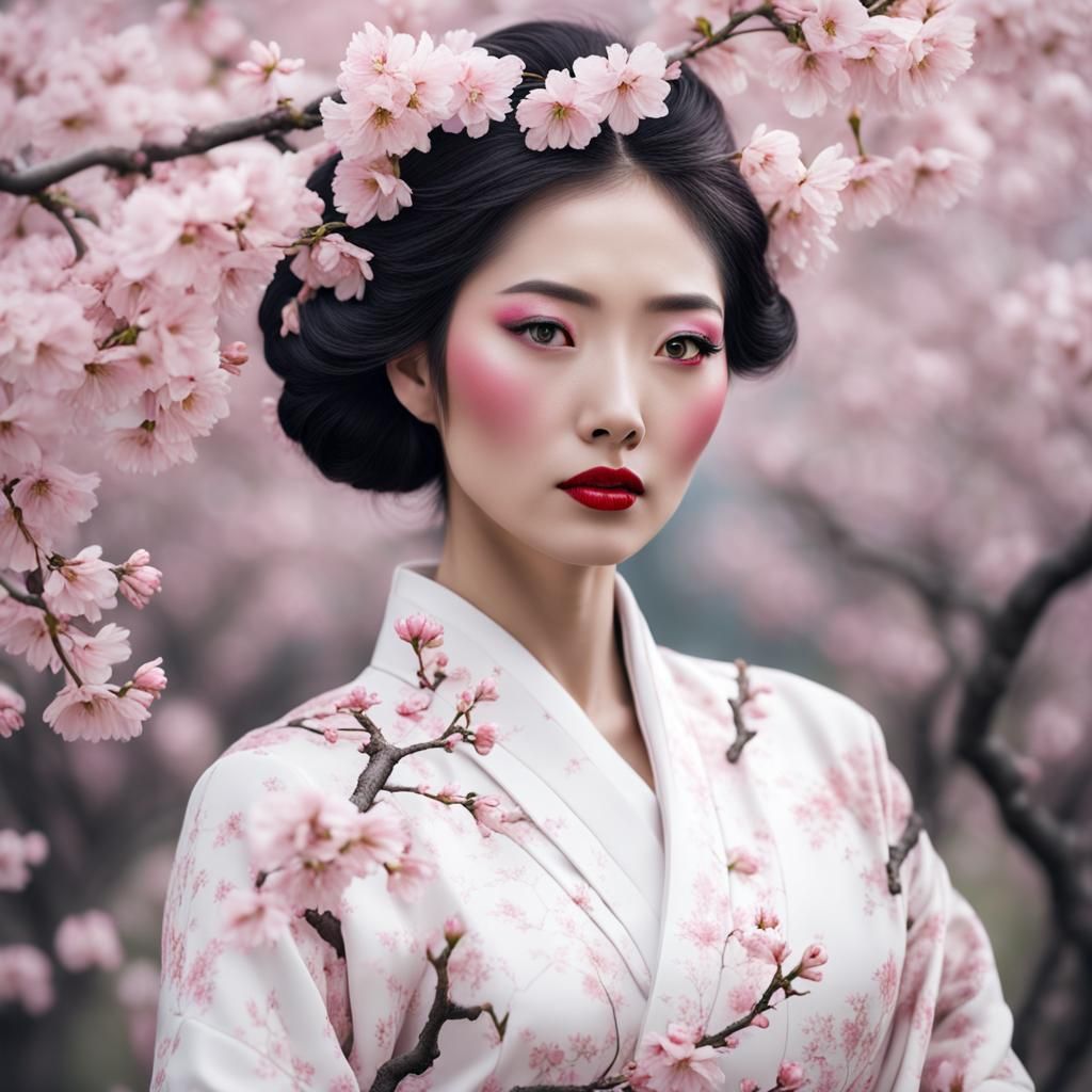Cherry Blossom Woman Portrait in Hyperrealism