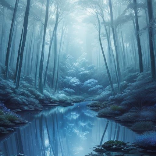 Surreal Silver River in Shimmering Glass Forest