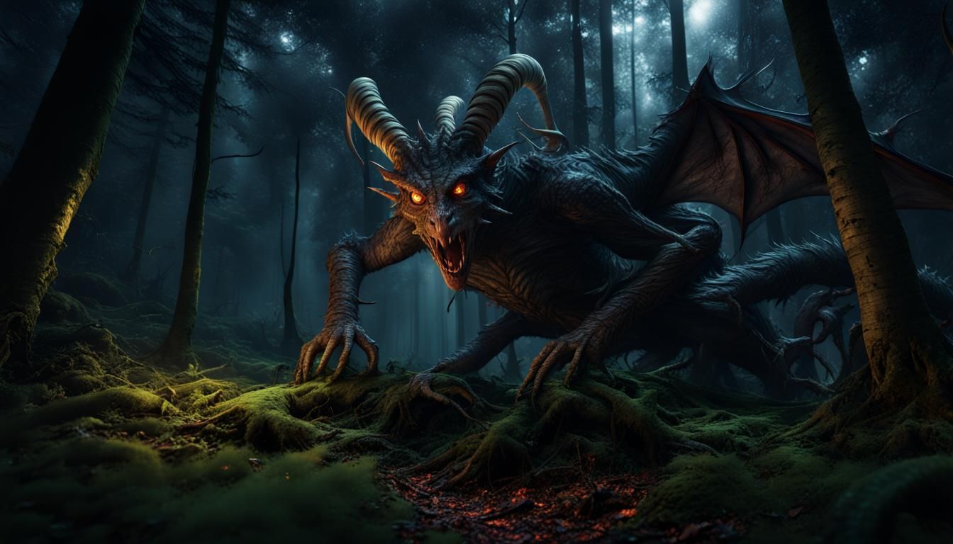 Dark Fantasy Beast Awakens Among Crisp Forest Shadows