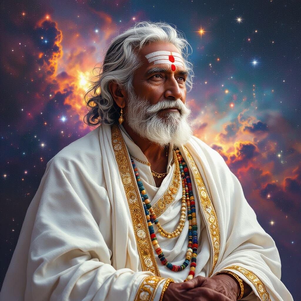Wise Indian Man in Cosmic Universe Background