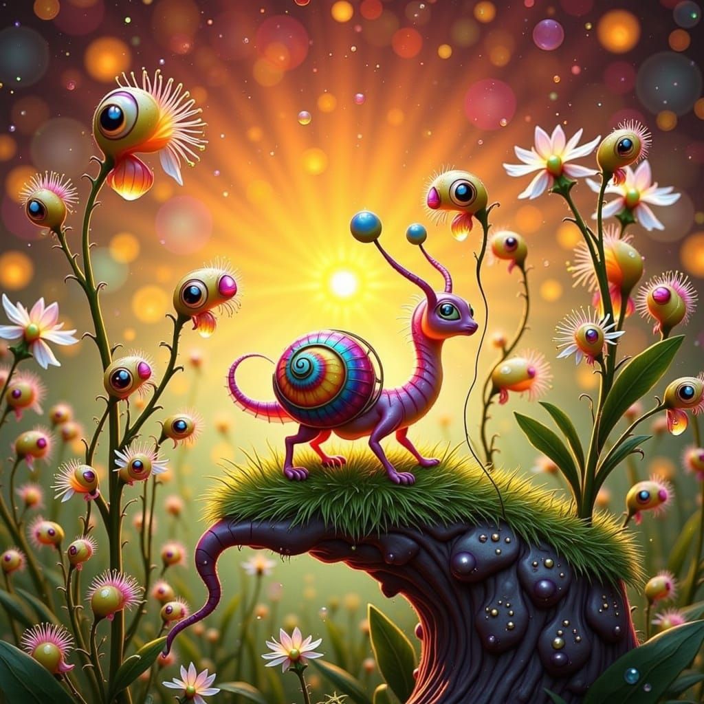 Whimsical Snail-Cheetah Exploring Dewy Meadow in Fantastical...