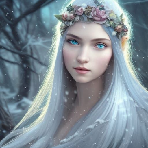 Ethereal Elven Enchantress Basks in Snowy Bloom