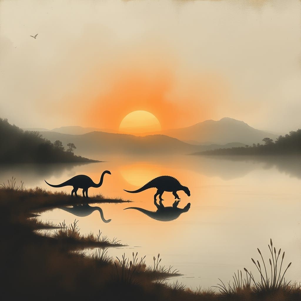 Dinosaurs Grazing at Sunset: Watercolor Art