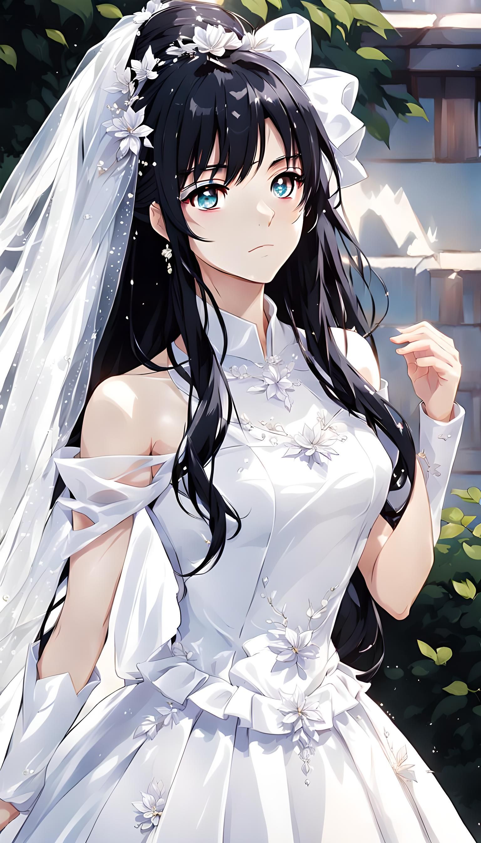 Anime Bride in Elegant Wedding Dress with Long Black Hair