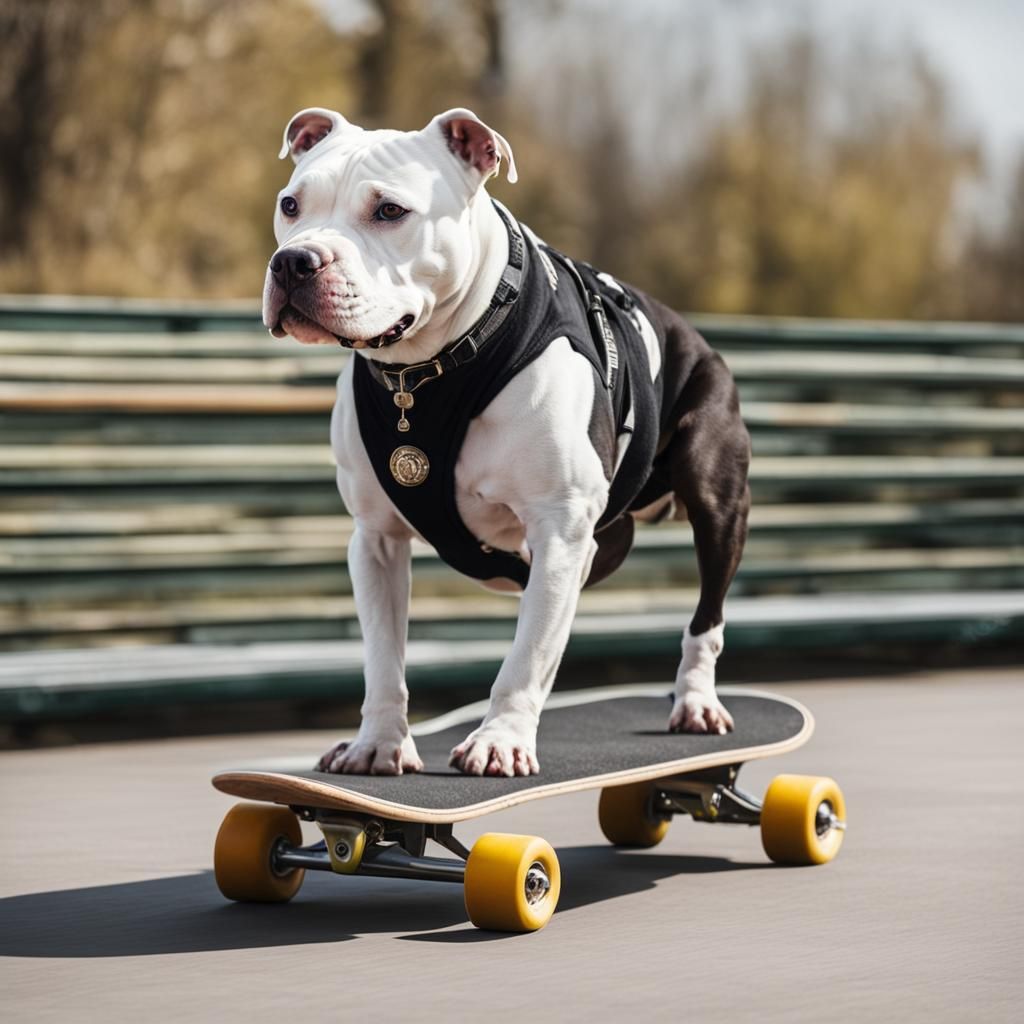 Happy American Pitbull Riding a Skateboard