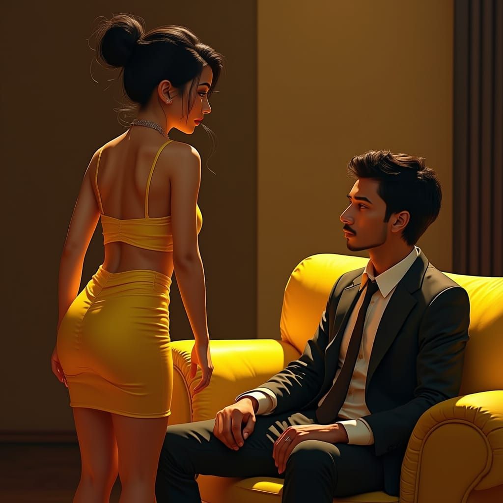 Indian Woman in Yellow Poses on Sofa with Man
