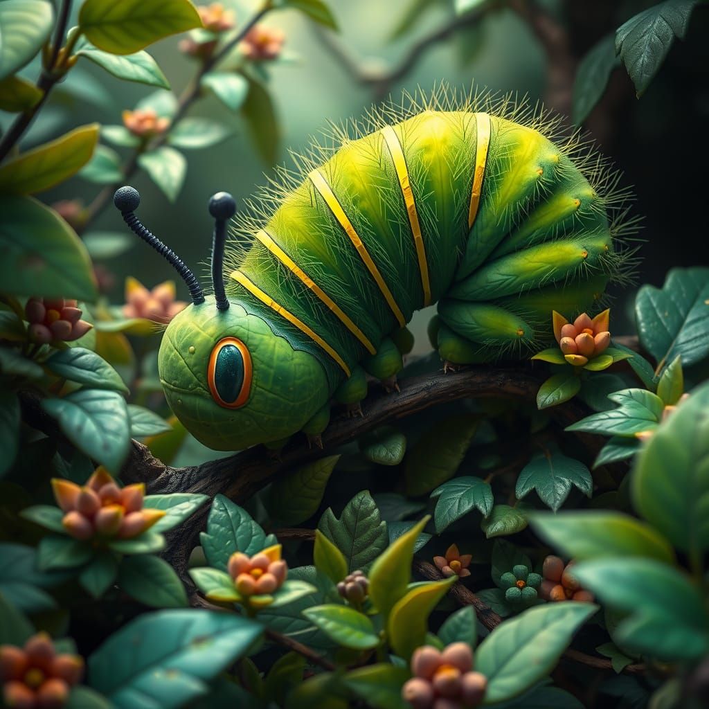 Whimsical Caterpillar in Lush Forest, Dreamy Art