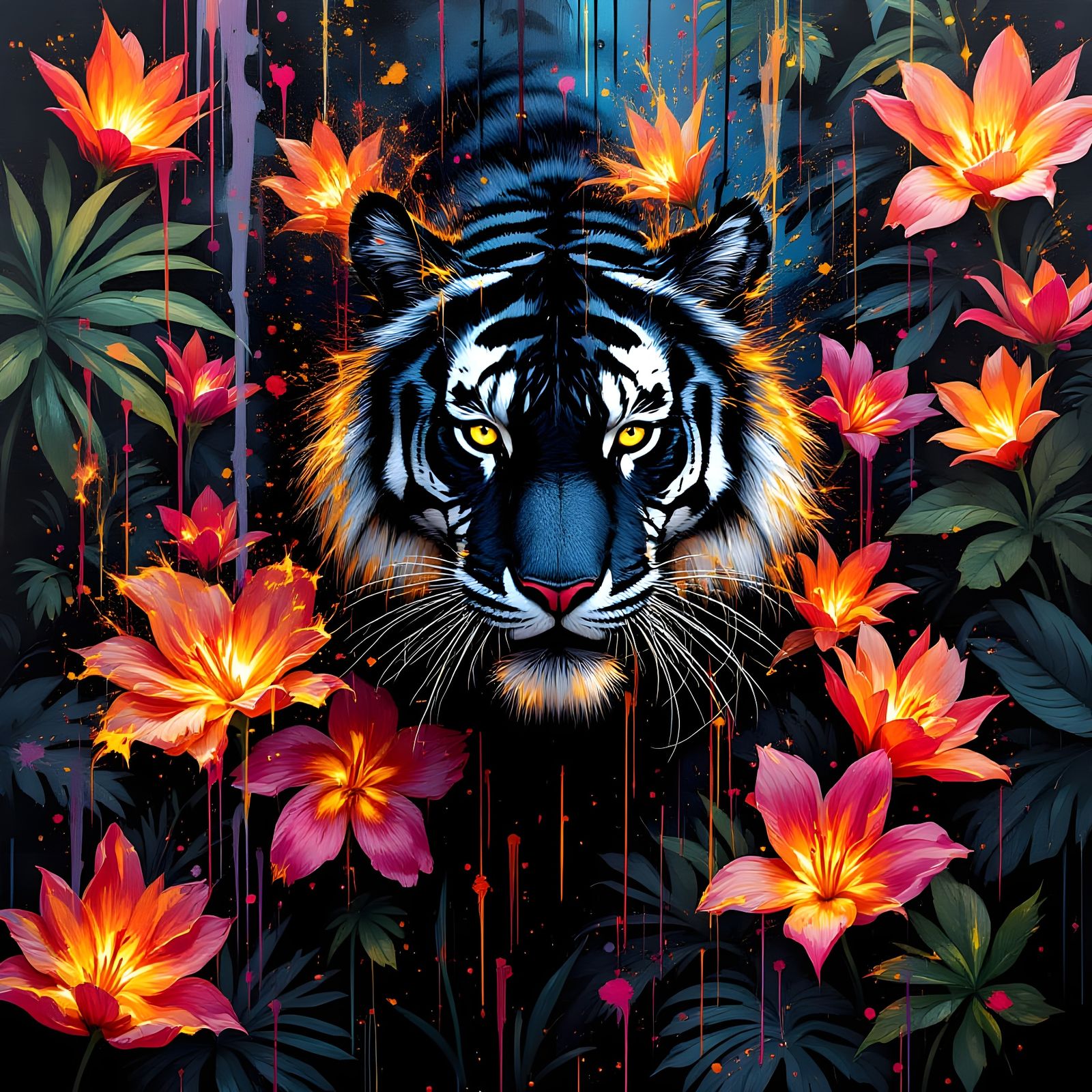 Black Tiger Amidst Fiery Floral Splatter Art