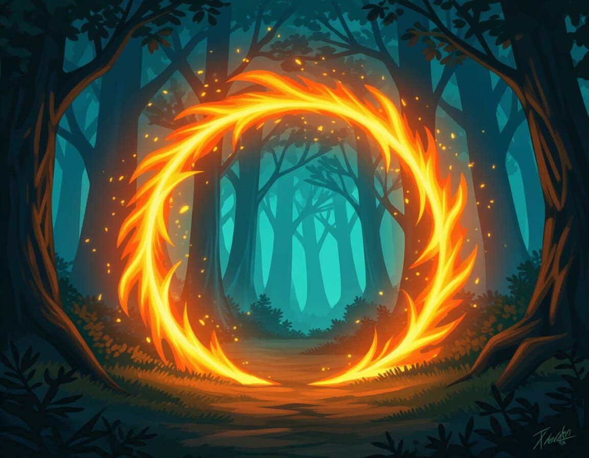 Magical Portal in Forest Depths with Spinning Fire