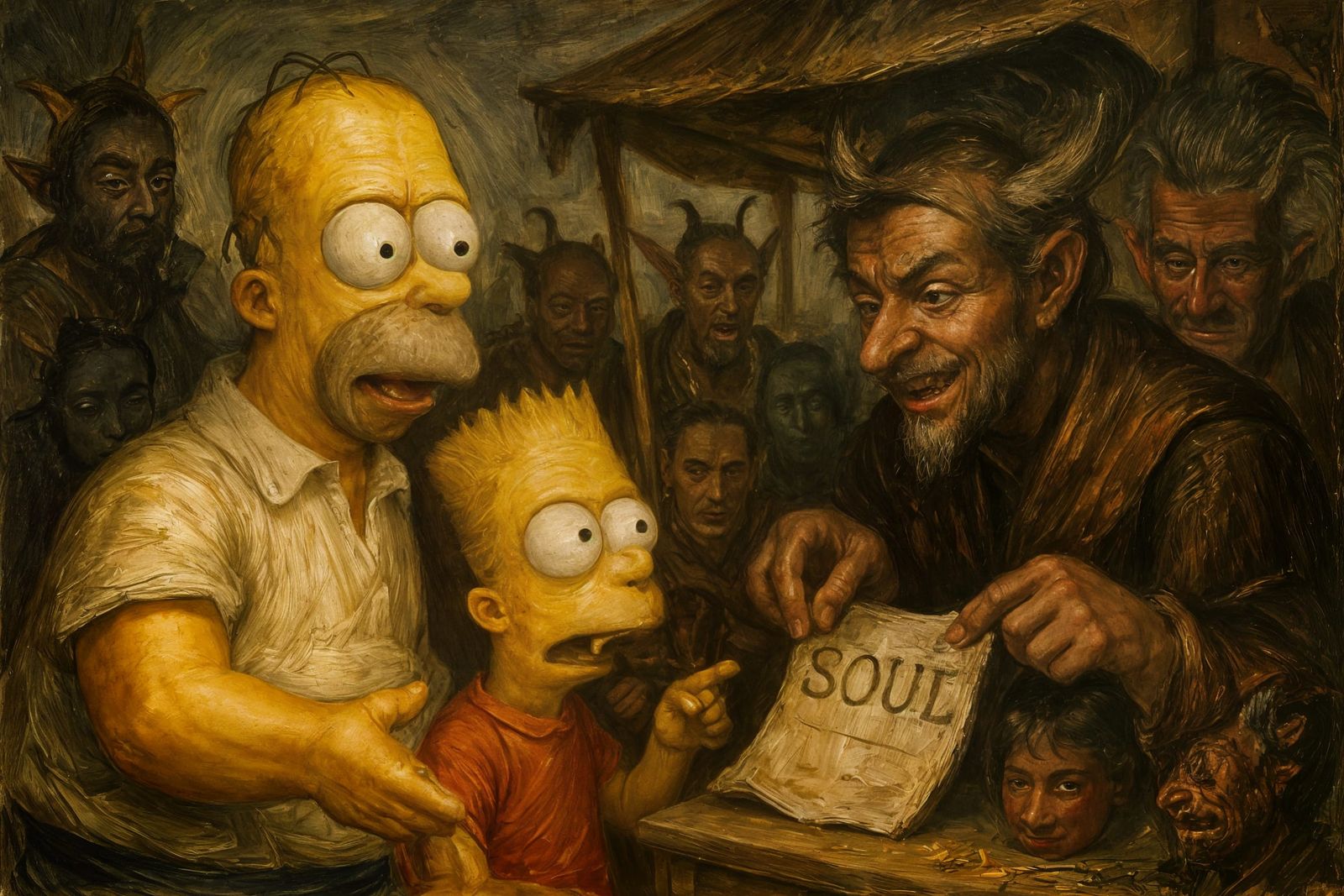 Homer and Bart Simpson at a Bazaar, Oil Painting