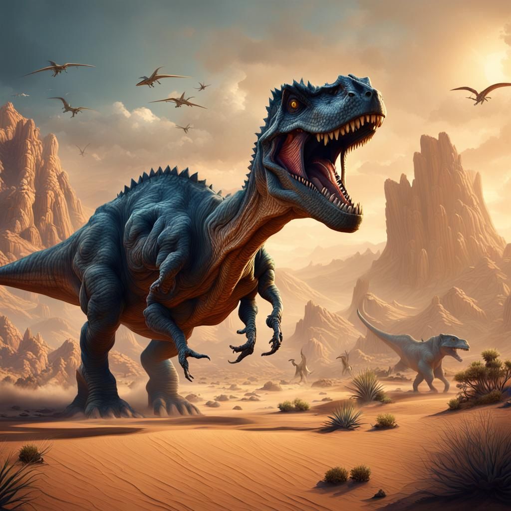 Dinosaurs in a Vibrant Desert Landscape