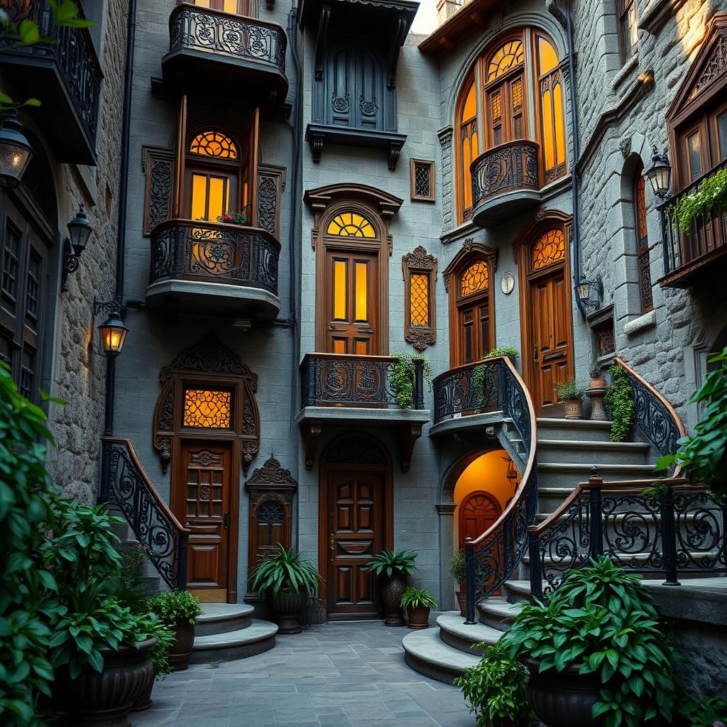 Eclectic Grey Stone Mansion with Intricate Wooden Doors and....