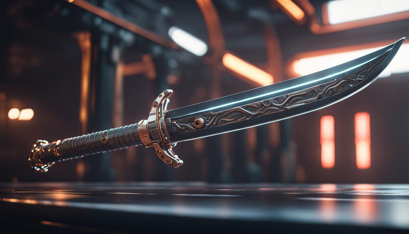 Epic Sci-Fi Katana in Polished Metal with Intricate Mech Det...