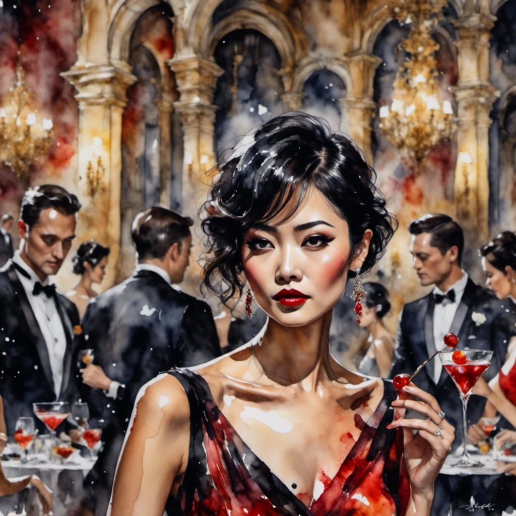 Sublime Watercolor Portrait of a Red-Haired Woman in a Cockt...