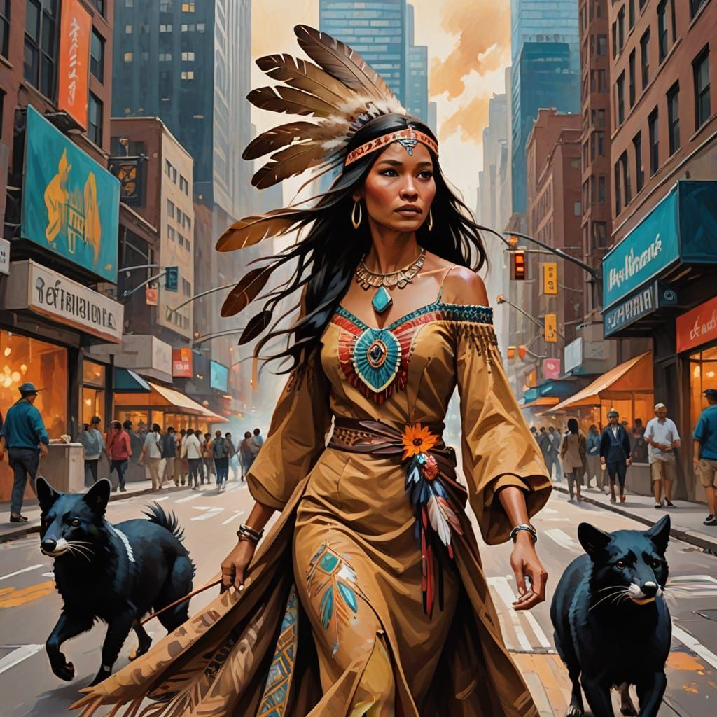 Pocahontas in Vibrant Cityscape, Painterly Concept Art