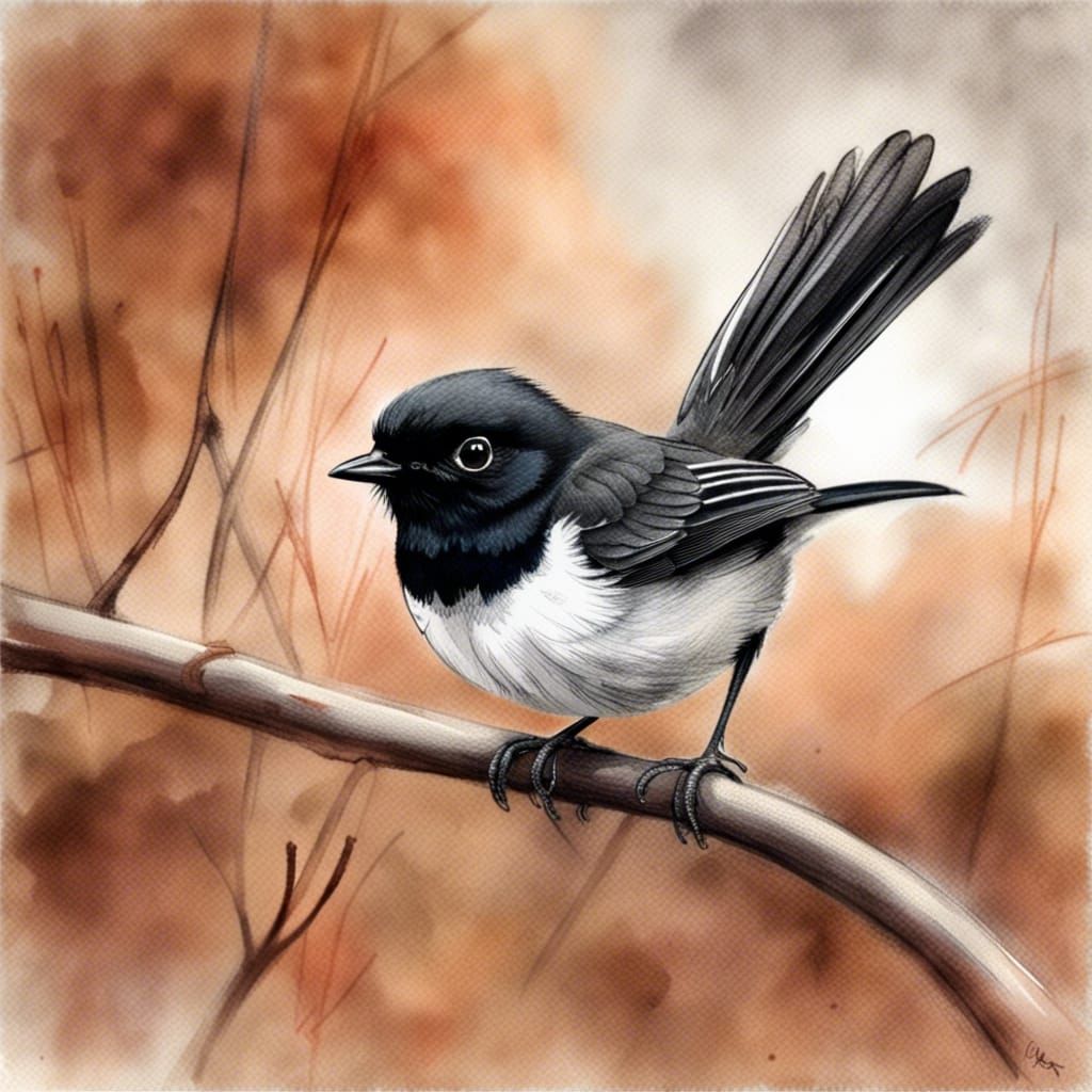 Willie wagtail native Australian bird in natural central bush-habitat turn-of-the-century botanist observer-style hand-s...