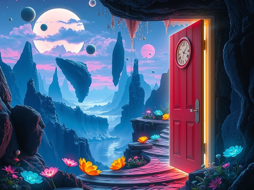 Generate a glowing door to a  surreal landscape image featuring floating islands, upside-down mountains, and unconventio...
