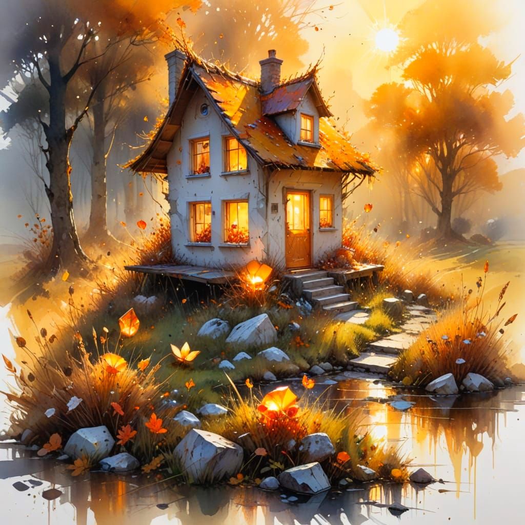 Gemstone House at Dawn in Autumn Meadow