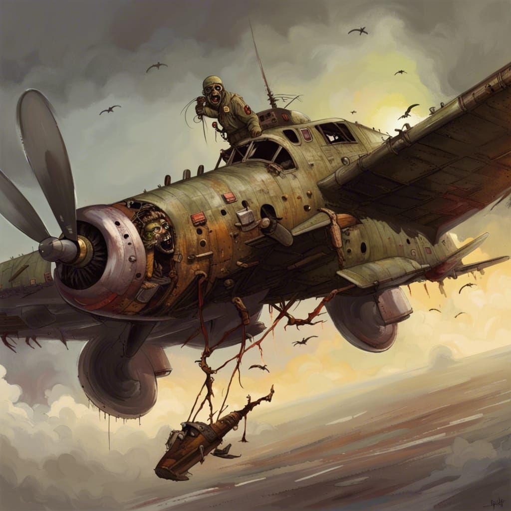 WWII Plane with Rotting Zombie Pilot in Dark Cyberpunk Art