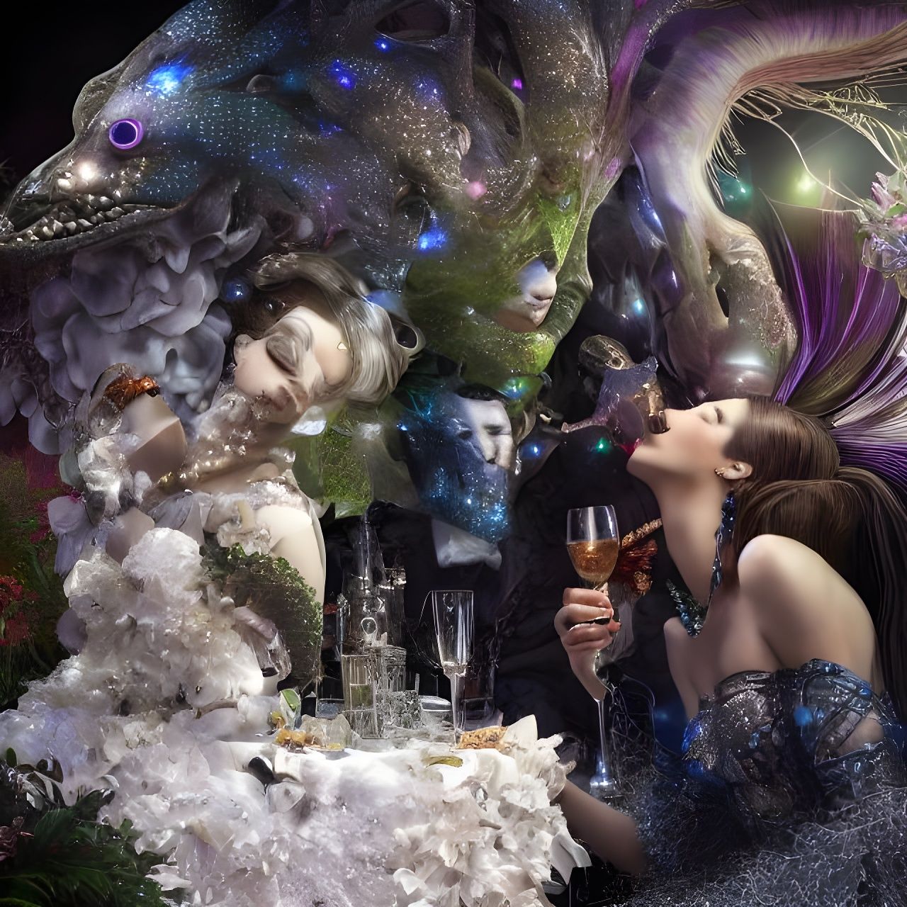 Celestial Aliens Dine in a Vibrant Surreal Restaurant