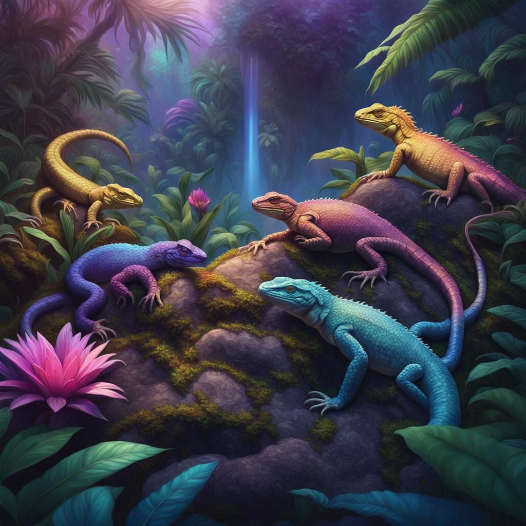 Exotic Jungle Reptiles Gather Around Glowing Stone