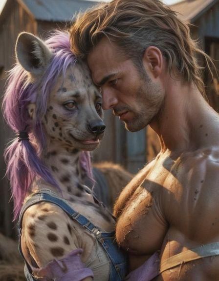 Furry She-Hyena and Muscular Man in a Barnyard