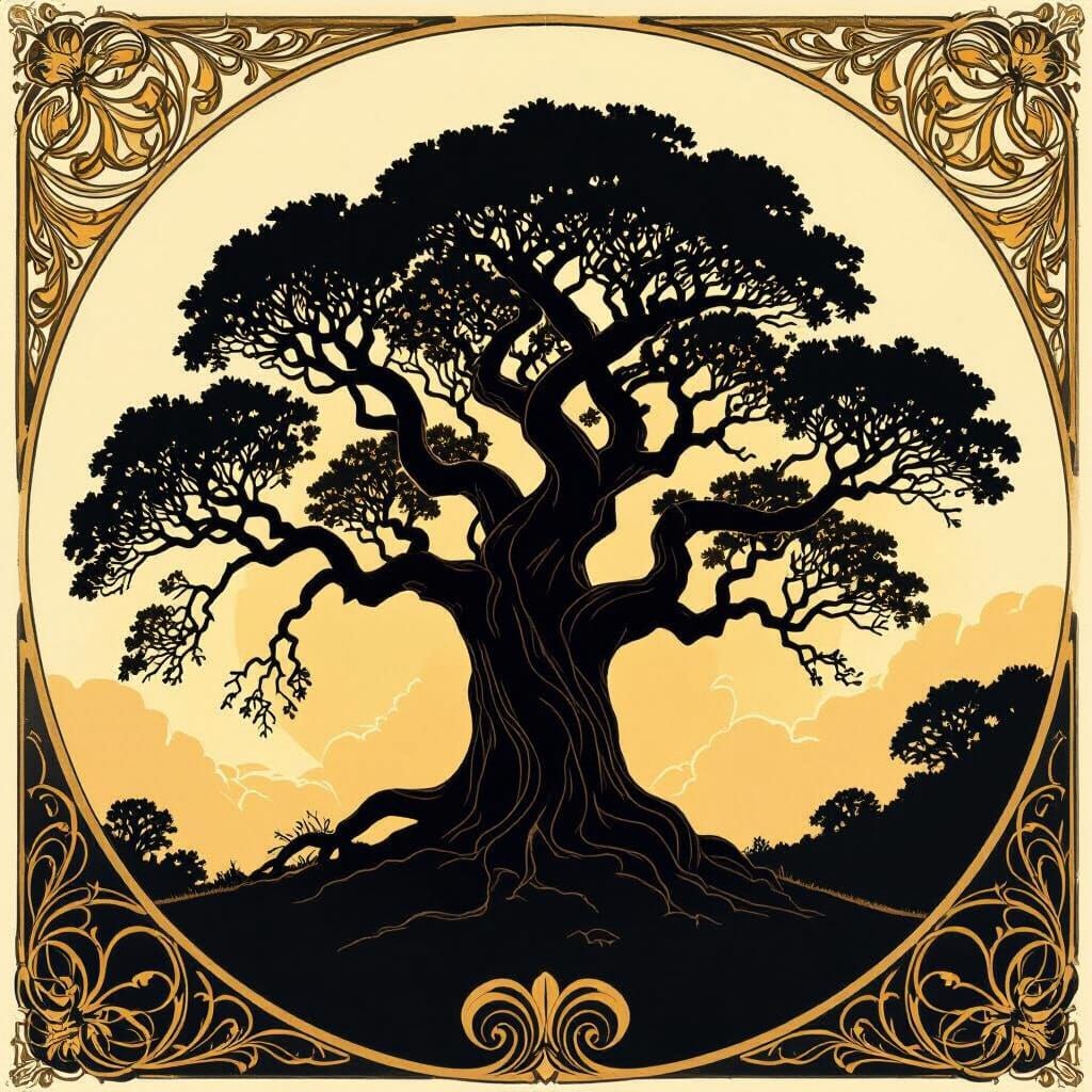 Ancient Tree Silhouette in Art Nouveau Style