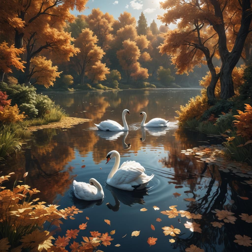 Romantic Autumn Swan Lake Oasis