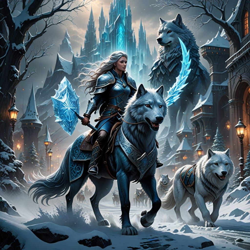 Ethereal Ice Sorceress Rides Majestic Crystal Wolf