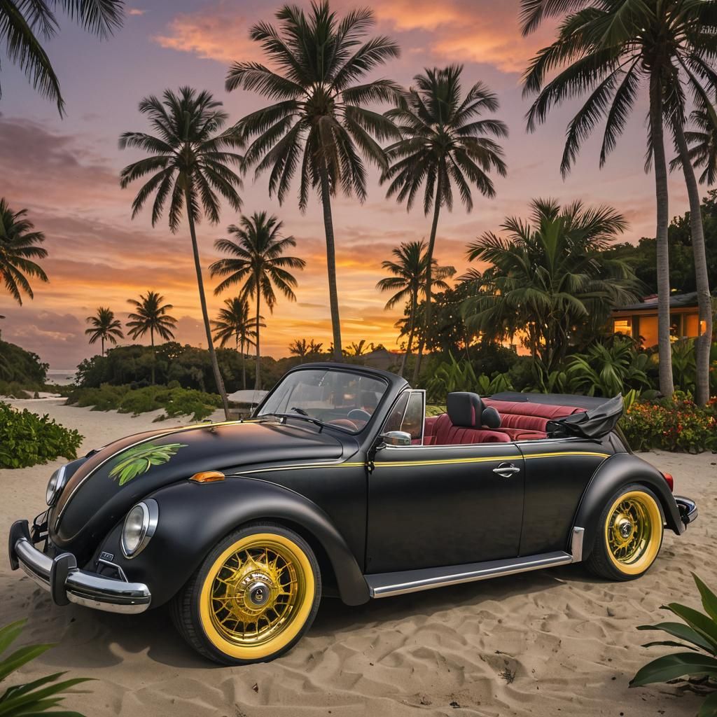 Vibrant VW Beetle Lowrider on Tropical Beach Sunset