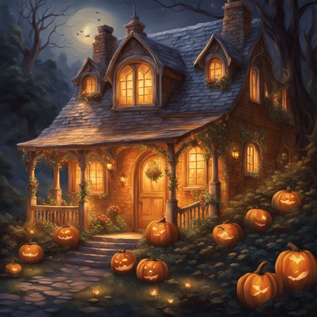 Cozy Cottage Inside Giant Pumpkin, Whimsical Fairytale Art
