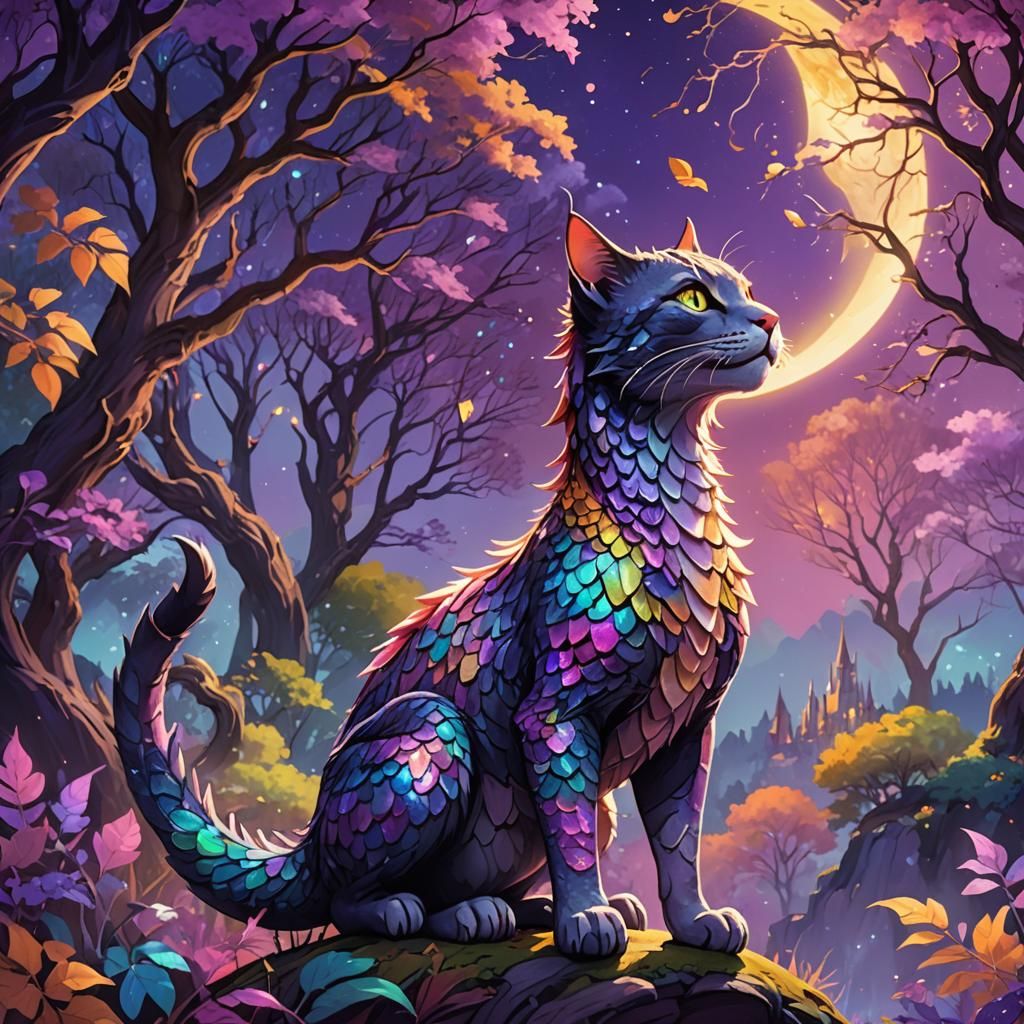 Fantasy Whimsy: Cat Dragon Under Vibrant Purple Moon