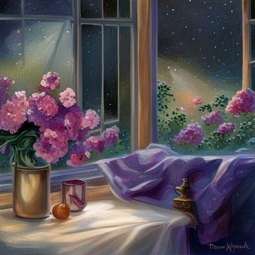 Enchanted Midnight Rain Scene in Soft, Whimsical Style