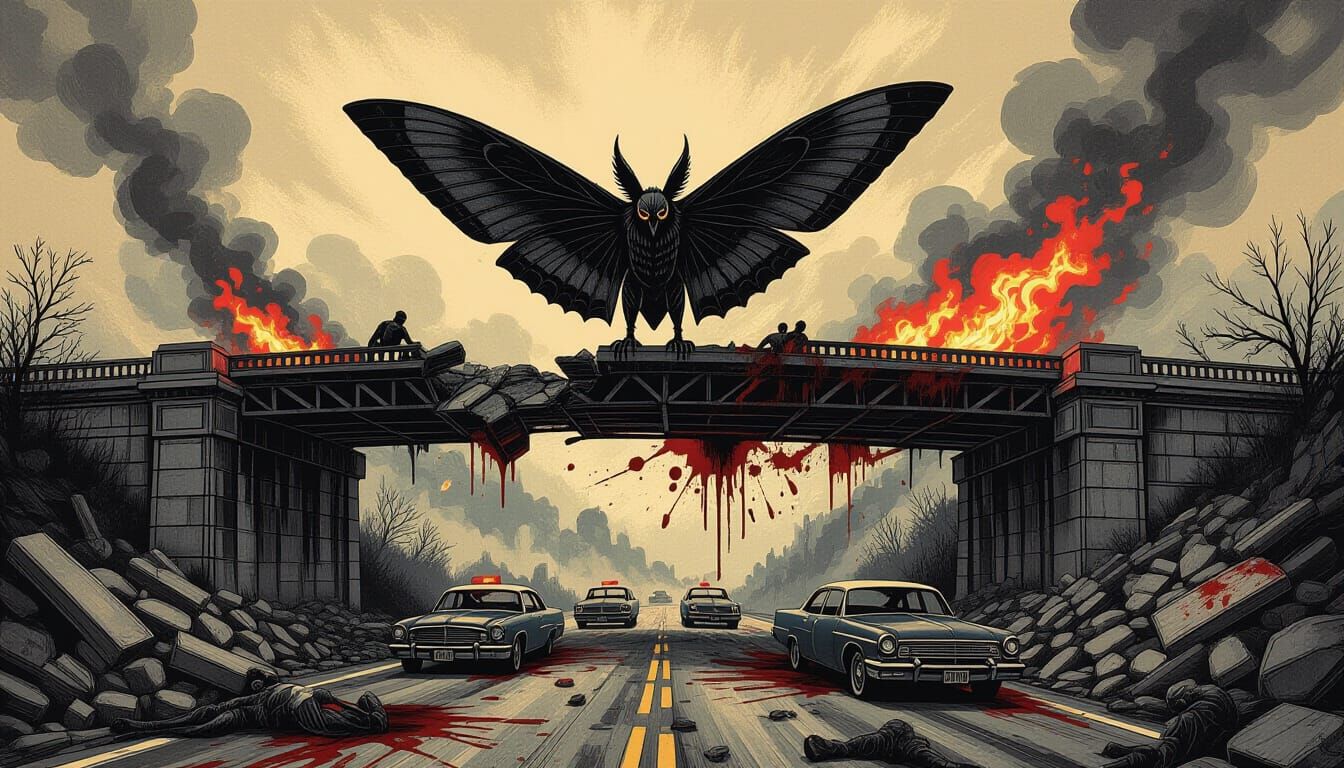 Mothman Perched on Collapsing Bridge in Dark Etching Style