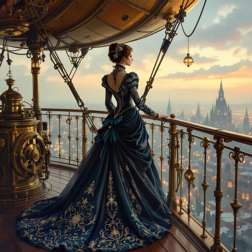 Celestial Victorian Noblewoman Above Steampunk City