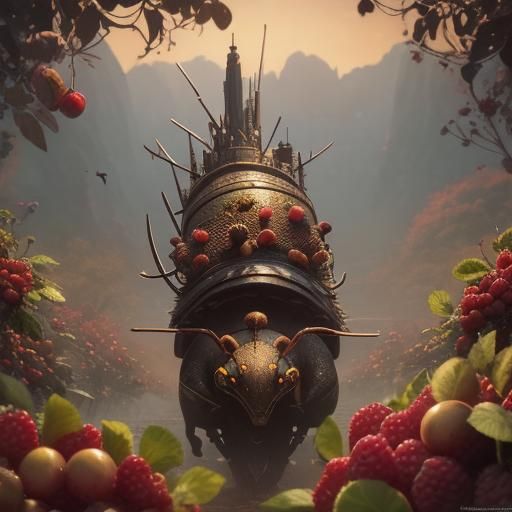 Vibrant Colorful Fantasy Scene with Ant, Snail, and Fruits