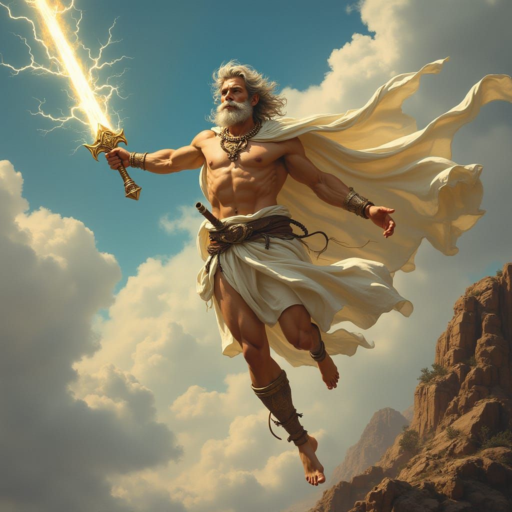 Zeus with Lightning Sword in Dramatic Comic Style