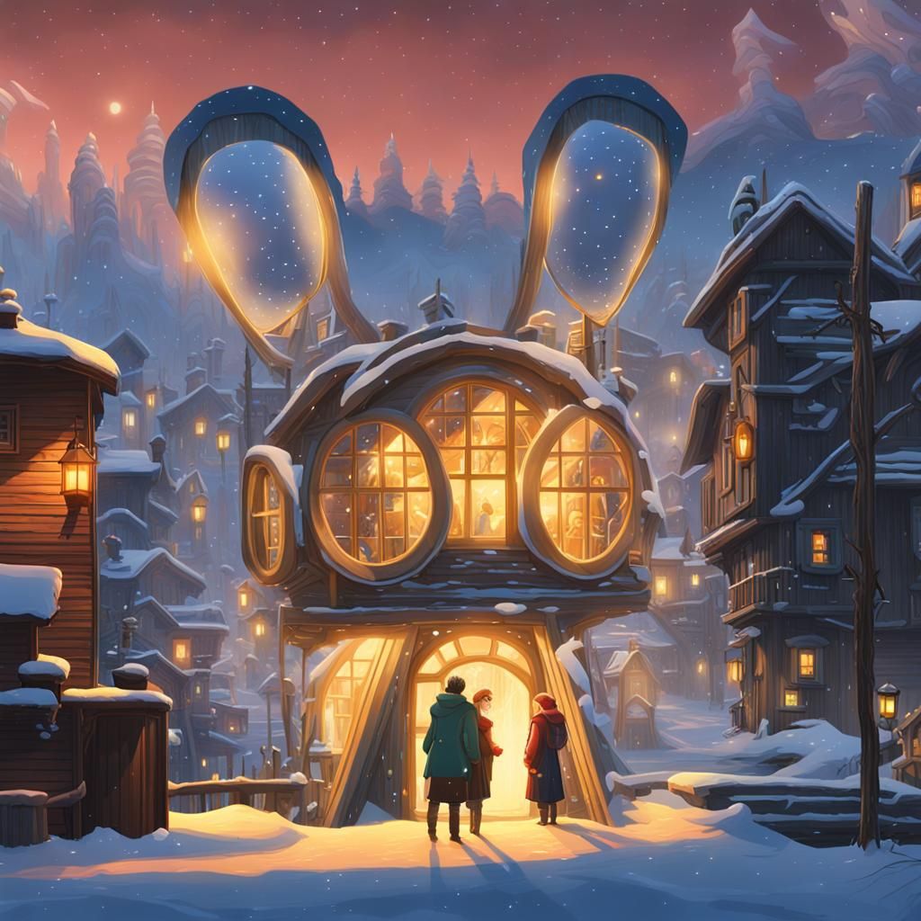 Fantasy Christmas Village Under Starry Night Sky