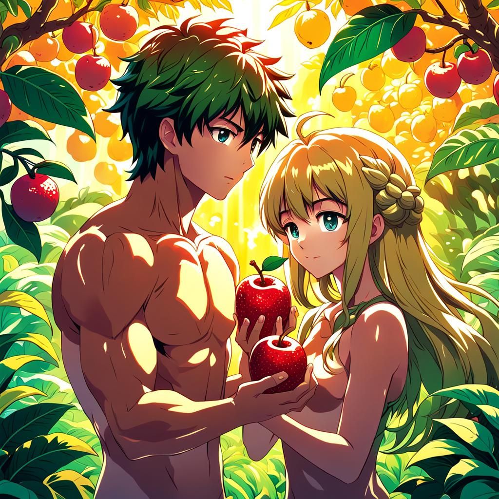 Adam and Eve in Vibrant Japanese Manga Style Holding Forbidd...