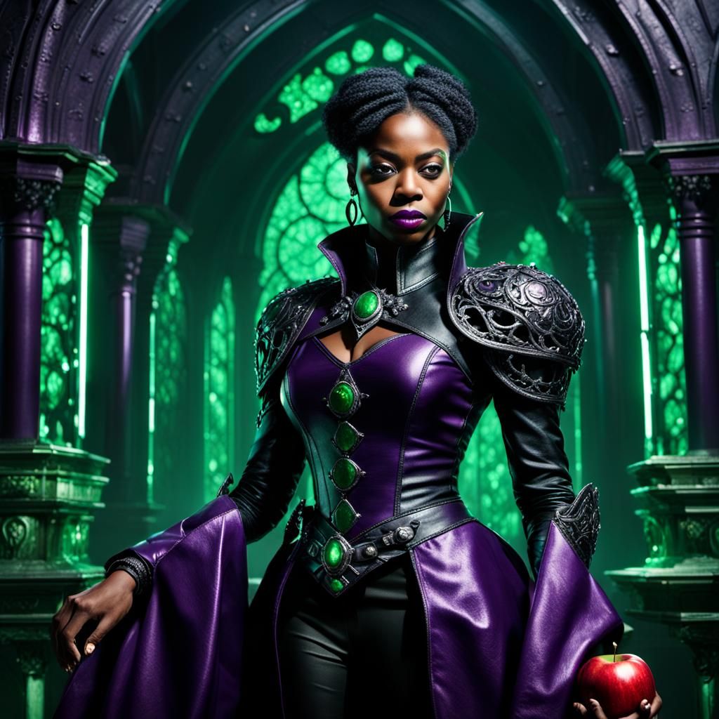 Regal Black Queen Grimhilde in Cyberpunk Leather Armor