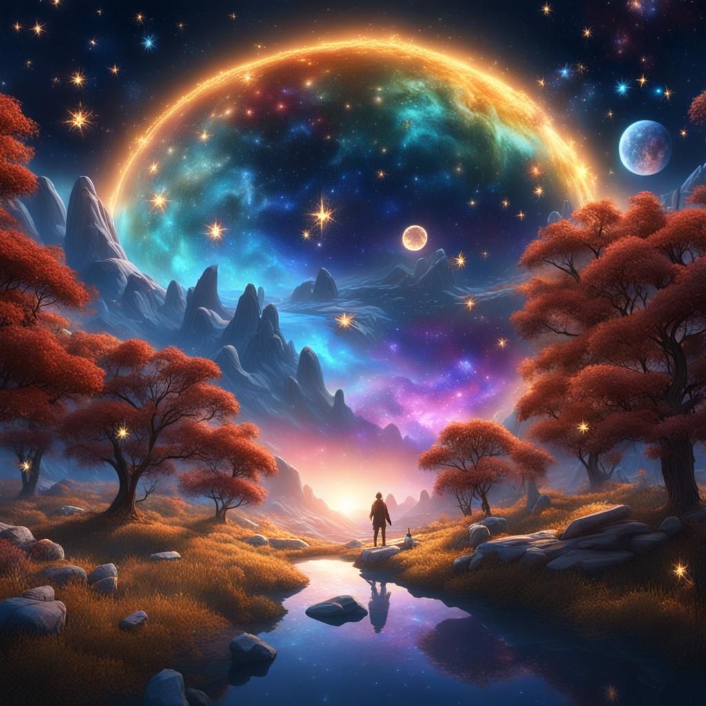 Surreal Cosmic Sky with Aligned Wishes and Celestial Forces