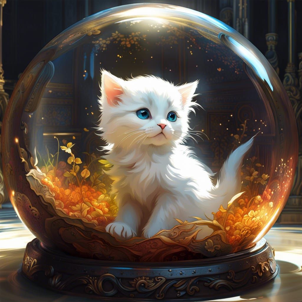 A Delicate Chibi Kitten in a Vibrant Glass Sphere
