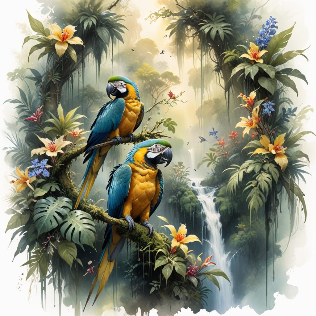 Vivid Macaws in Sunlit Rainforest Canopy: Watercolour Art