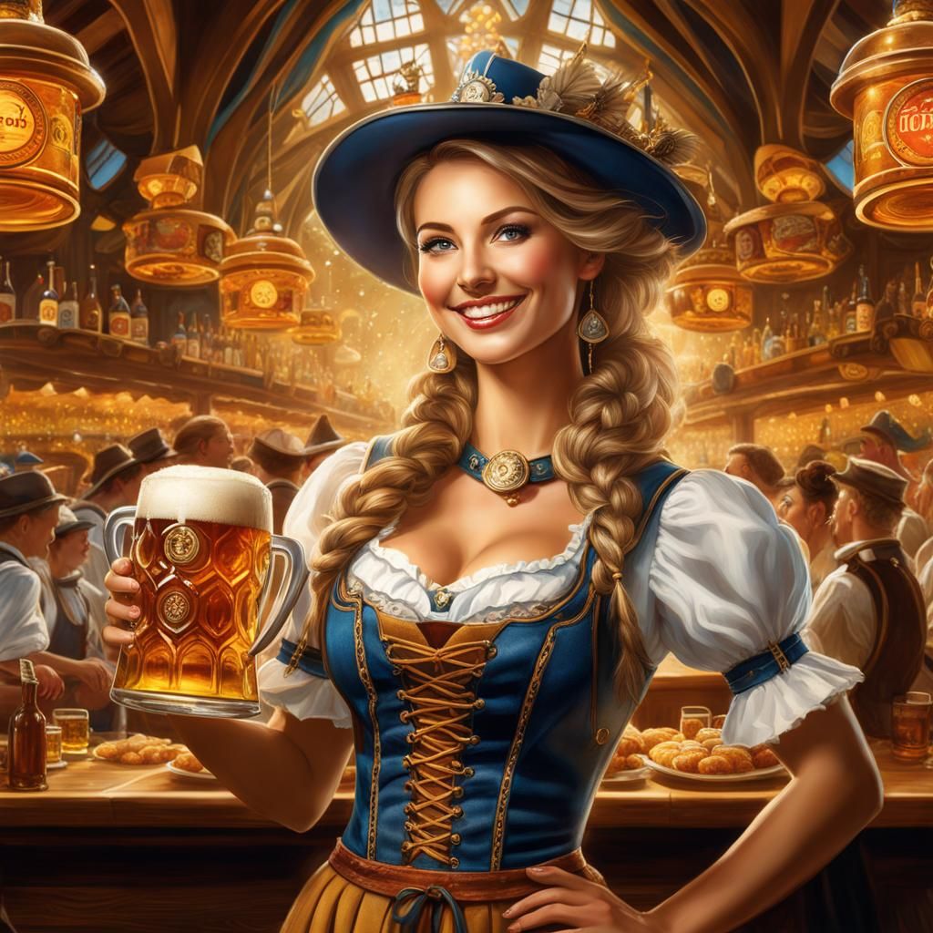 Joyful Oktoberfest Beer Waitress in Vibrant Fantasy Setting