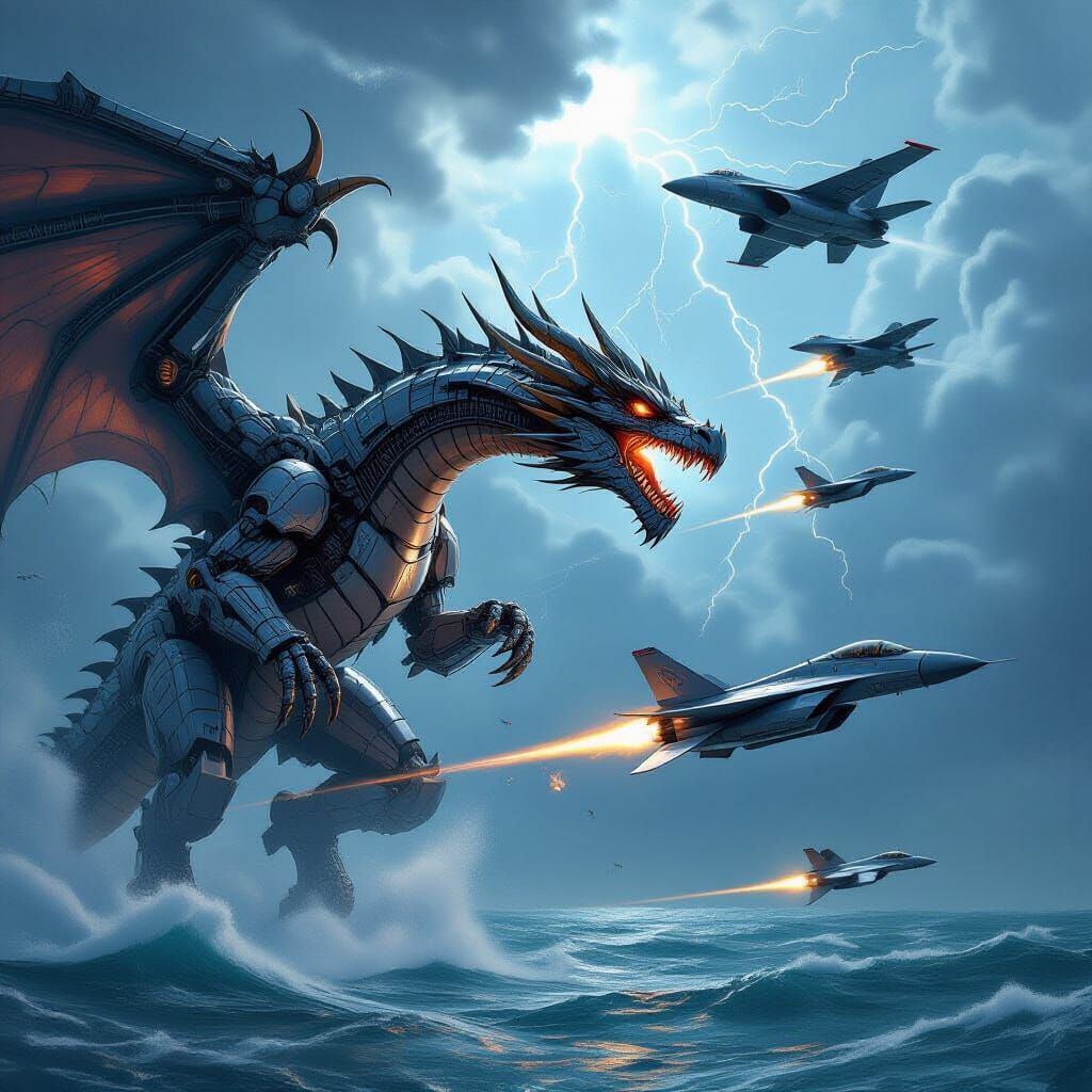 Mechanical Dragon Battles Futuristic Jets in Stormy Skies